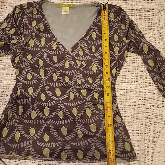 Vintage Sigrid Olsen faux wrap grey green leaves mesh long sleeve top size M - Picture 7 of 9